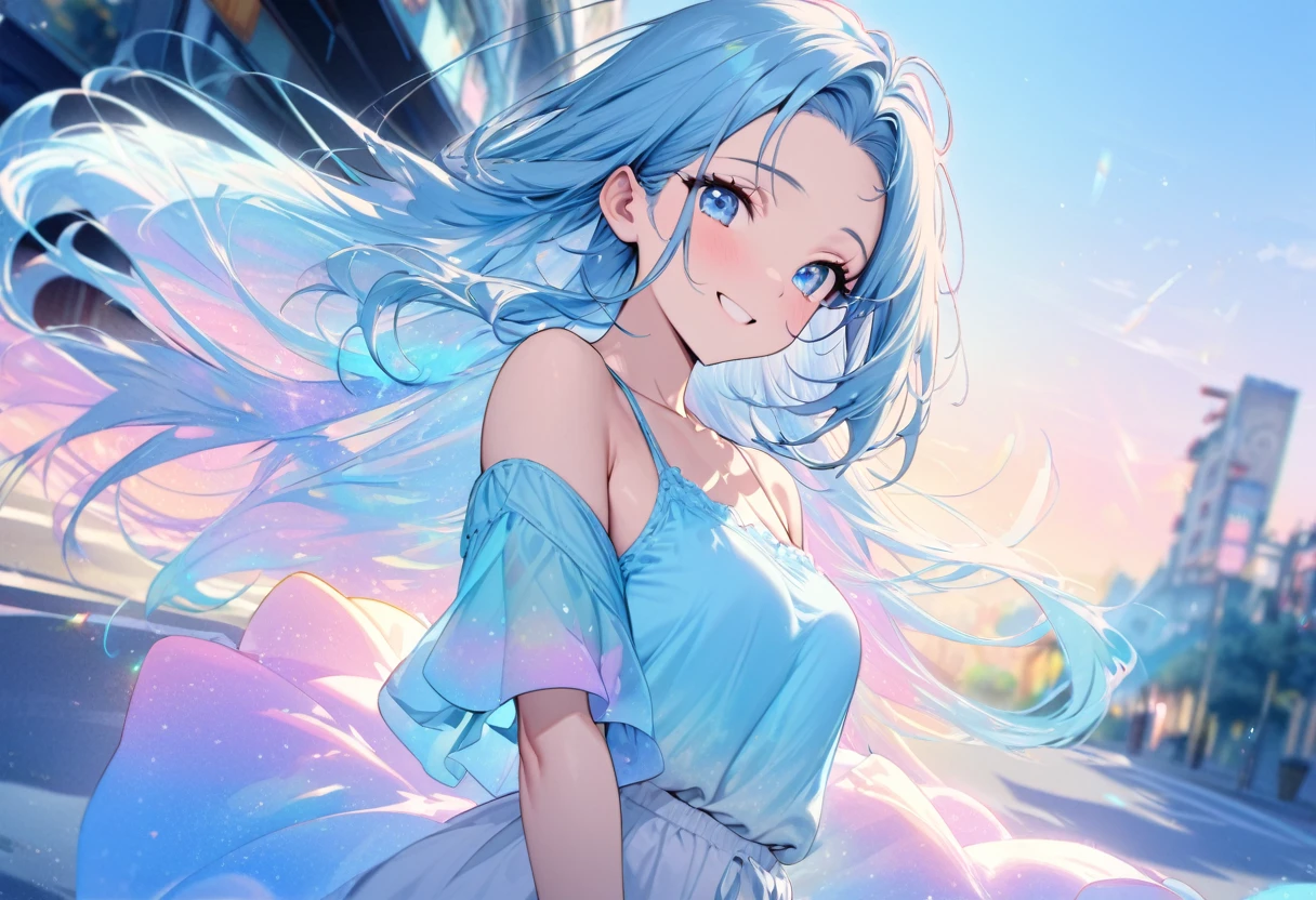 (Pastel color art style) (double exposure pastel color), (solo:2, 15 yo) (beautiful detailed forehead) (beautiful pastel blue hair long hair) (immensely cute girl) (detailed lovely blue eyes) (best smile) (smal tits), in a pastel blue summer casual tank top with double exposure many Feather of light, break, in the road, background beautiful detailed pastel ocean, BREAK, perfect anatomy, masterpiece, best quality, 16k, beautiful detailed grow, daydreaming expression.