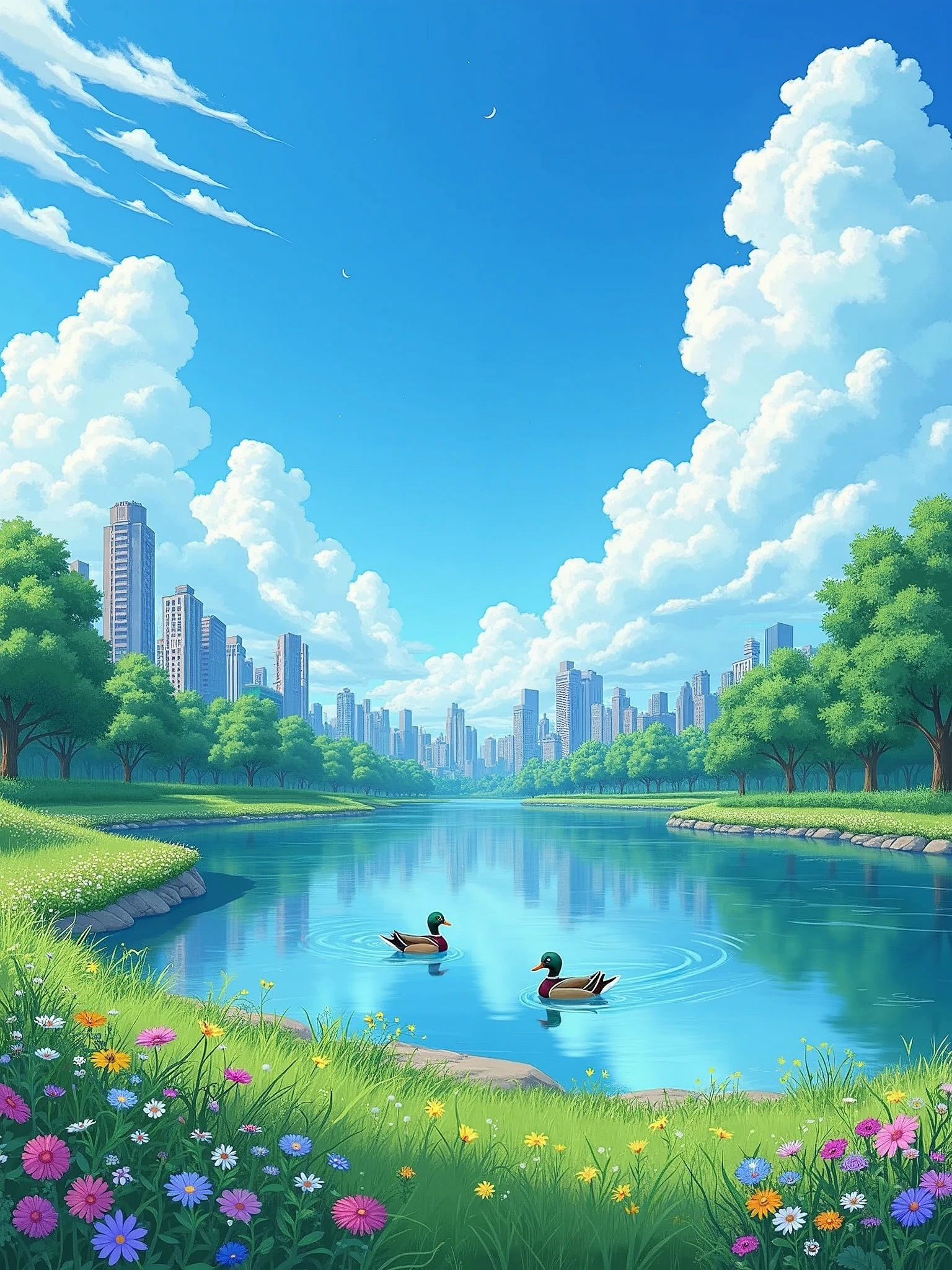 Blue sky, there are some city buildings hidden in the woods by the lake, there are some different colours of flowers in the grass by the lake, a pair of mandarin ducks are swimming in the lake, Miyazaki Hayao manga style, panoramic view, 9:16 vertical scale.