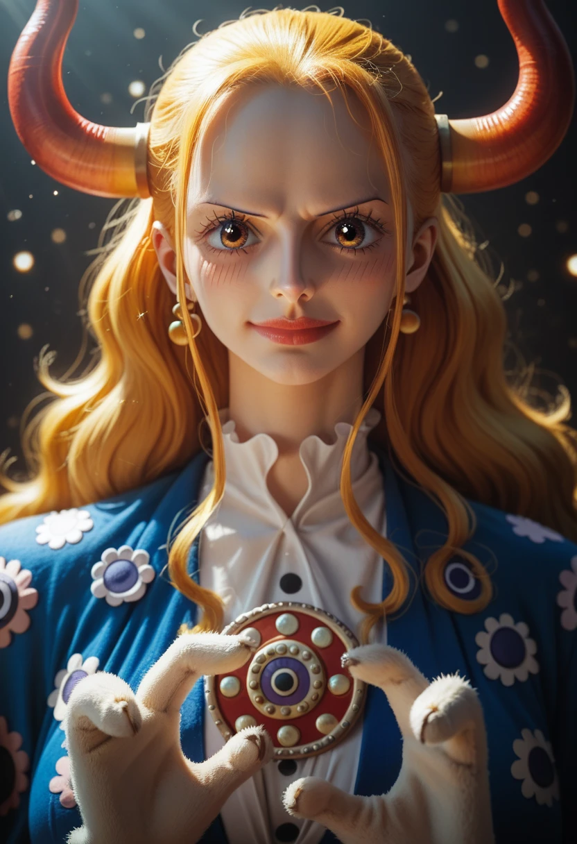 ((top quality, 8 K, masterpiece:1.3)), Detailed eye, (Looking from the front), look into the camera, ((Everything sparkles、reflective light:1.2)), (best ratio: 4 fingers, 1 thumb),  ((Black Maria from One Piece))), long hair, yellow hair, cute face,  blushing , big red lips, portrait, They Horn, standing , hands behind your head, smiling , beautiful body,