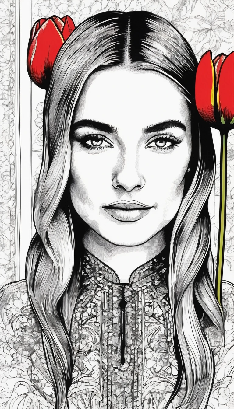 Black ink art, black and white and red  painting, portrait of young woman with straight blond hair and national netherland dress, with tulip, lots of tulip, red tulip, detailed face and body and background, game of lights and shadows