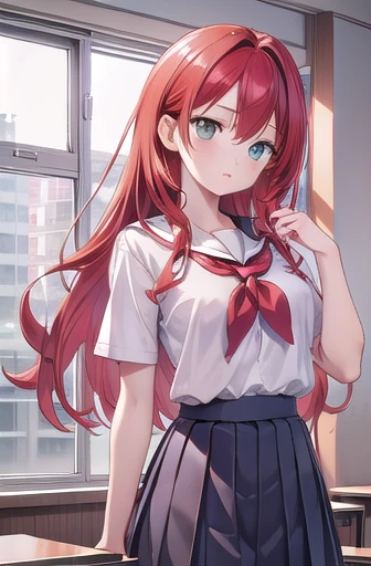 rikosakurauchi, Riko Sakurauchi, (Brown eyes:1.5), Hair between the eyes, Long Hair, (Redhead:1.5), Large Breasts、long hair、 
break grey skirt, neckerchief, pleated skirt, red neckerchief, school uniform, Seraphim, shirt, Short sleeve, skirt, white shirt, uranohoshi school uniform,
break looking at viewer, 
break indoors, classroom, 
break (masterpiece:1.2), Highest quality, High resolution, unity 8k wallpaper, (figure:0.8), (Beautiful attention to detail:1.6), Highly detailed face, Perfect lighting, Highly detailed CG, (Perfect hands, Perfect Anatomy),