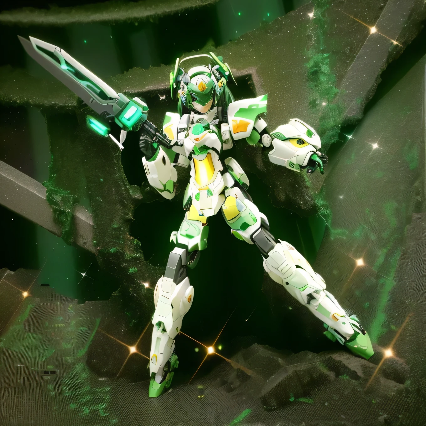 There is a toy with a sword and a woman dressed in green., A mix of anime robots and organic matter, Some parts are shining, Mechanized Valkyrie Girl, A minor mecha wearing mecha cyber armor, Jamming Mech, Chiho Aoshima Color Scheme, Hatsune Miku from Warhammer 40K, Zodiac Knight Girl, Cyborg Goddess of Space