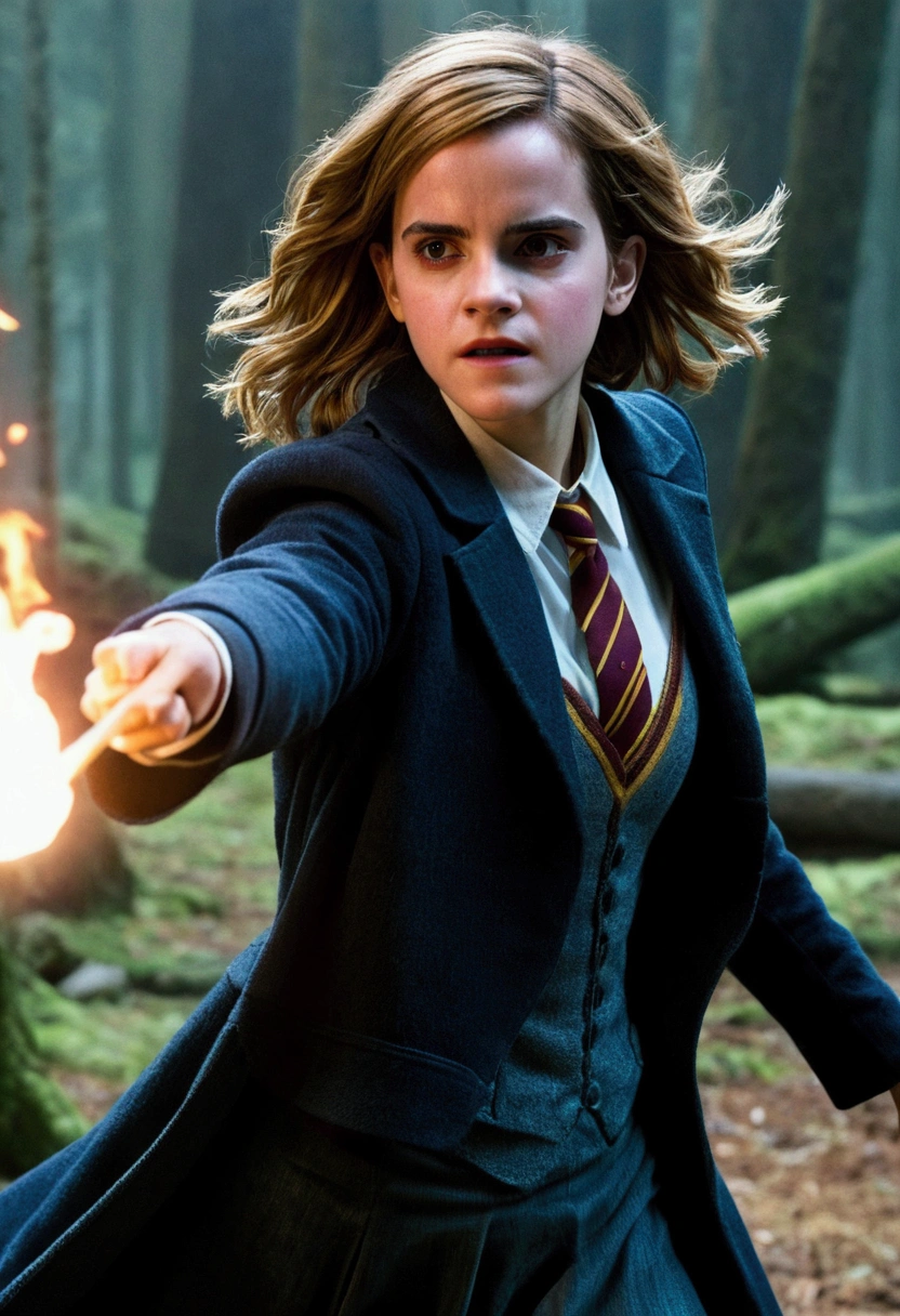 Emma Watson portrays Hermione Granger killing evil witch, dynamic scene