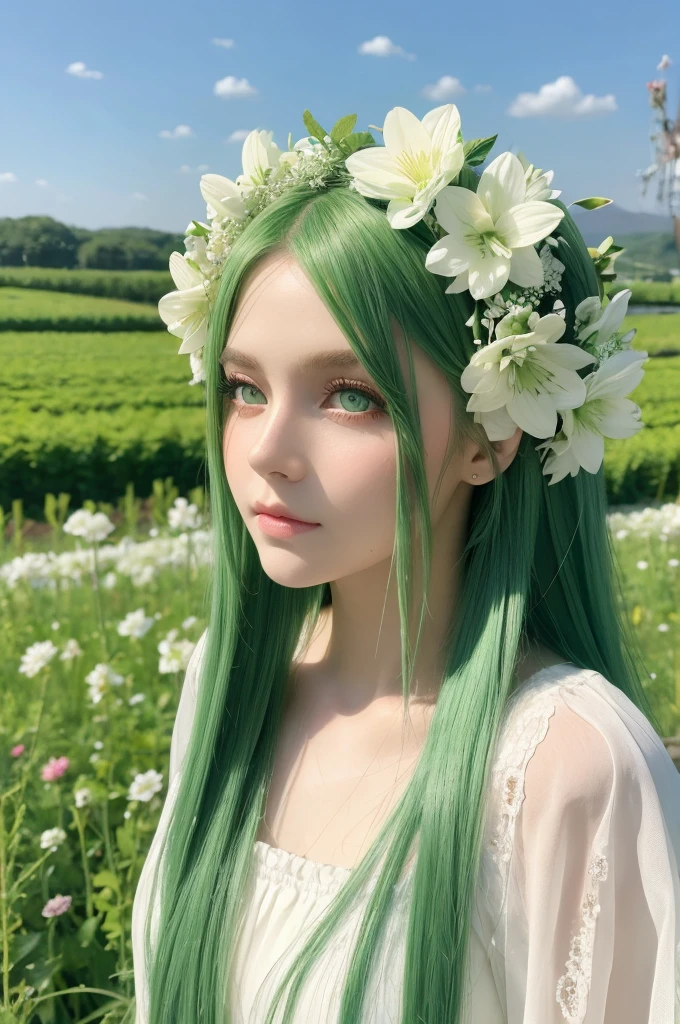 Green Eyes Green Hair White beauty Long Hair Dress up Flower Field Flowers on head