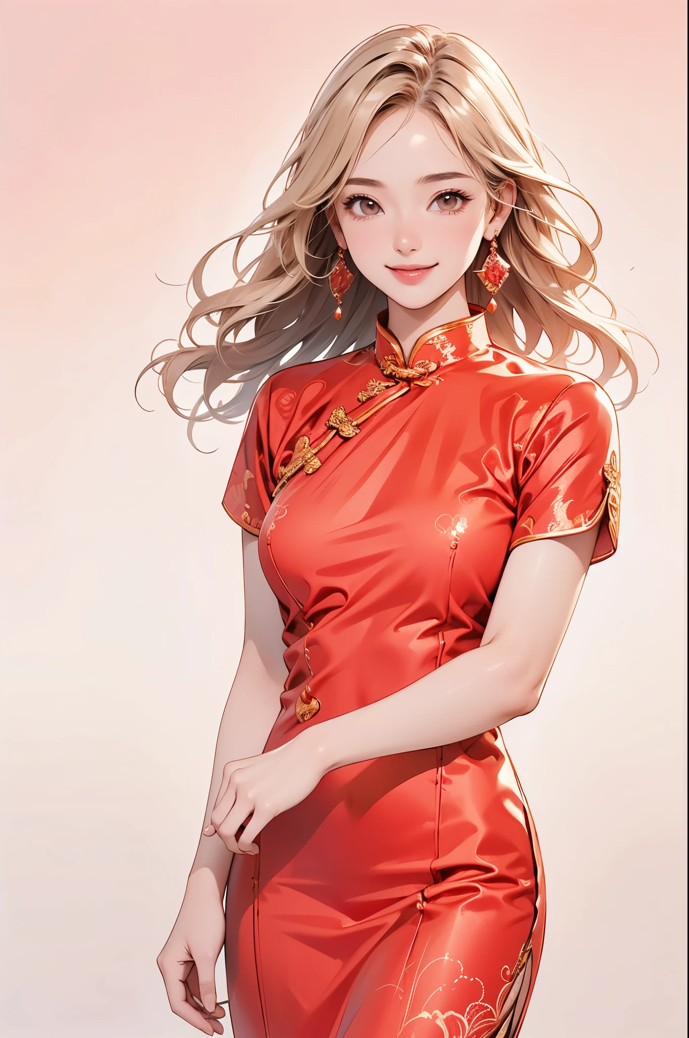 high resolution,smile,happy,light smile,woman,woman1人,adult,Clear,cute, Blonde Hair,BREAK, Brown eyes,BREAK,wavy hair,long hair,BREAK, ((looking at viewer)), Red Chinese dress,BREAK, Sparkly earrings, Facing forward,BREAK,Pink background,