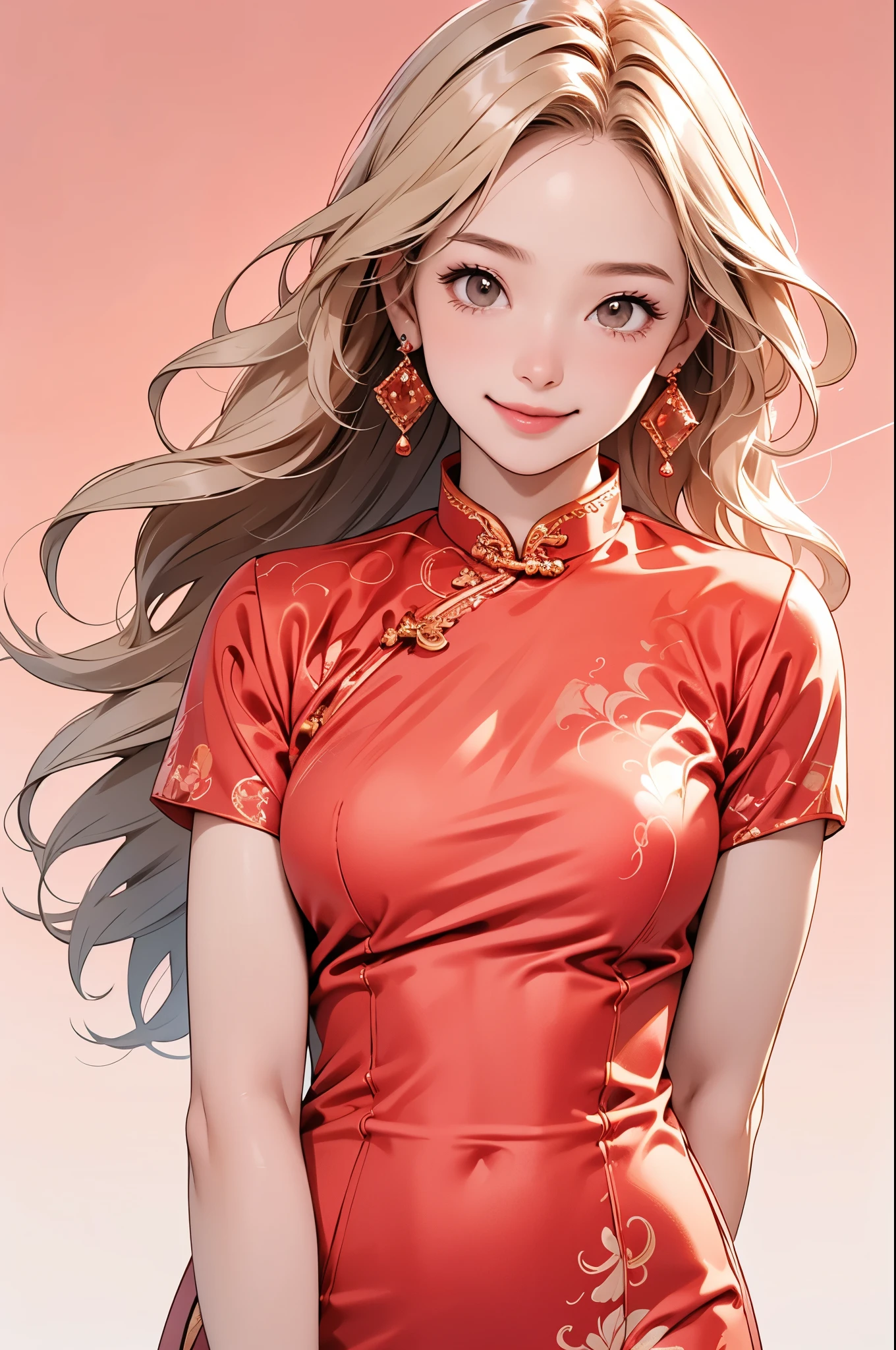 high resolution,smile,happy,light smile,woman,woman1人,adult,Clear,cute, Blonde Hair,BREAK, Brown eyes,BREAK,wavy hair,long hair,BREAK, ((looking at viewer)), Red Chinese dress,BREAK, Sparkly earrings, Facing forward,BREAK,Pink background,