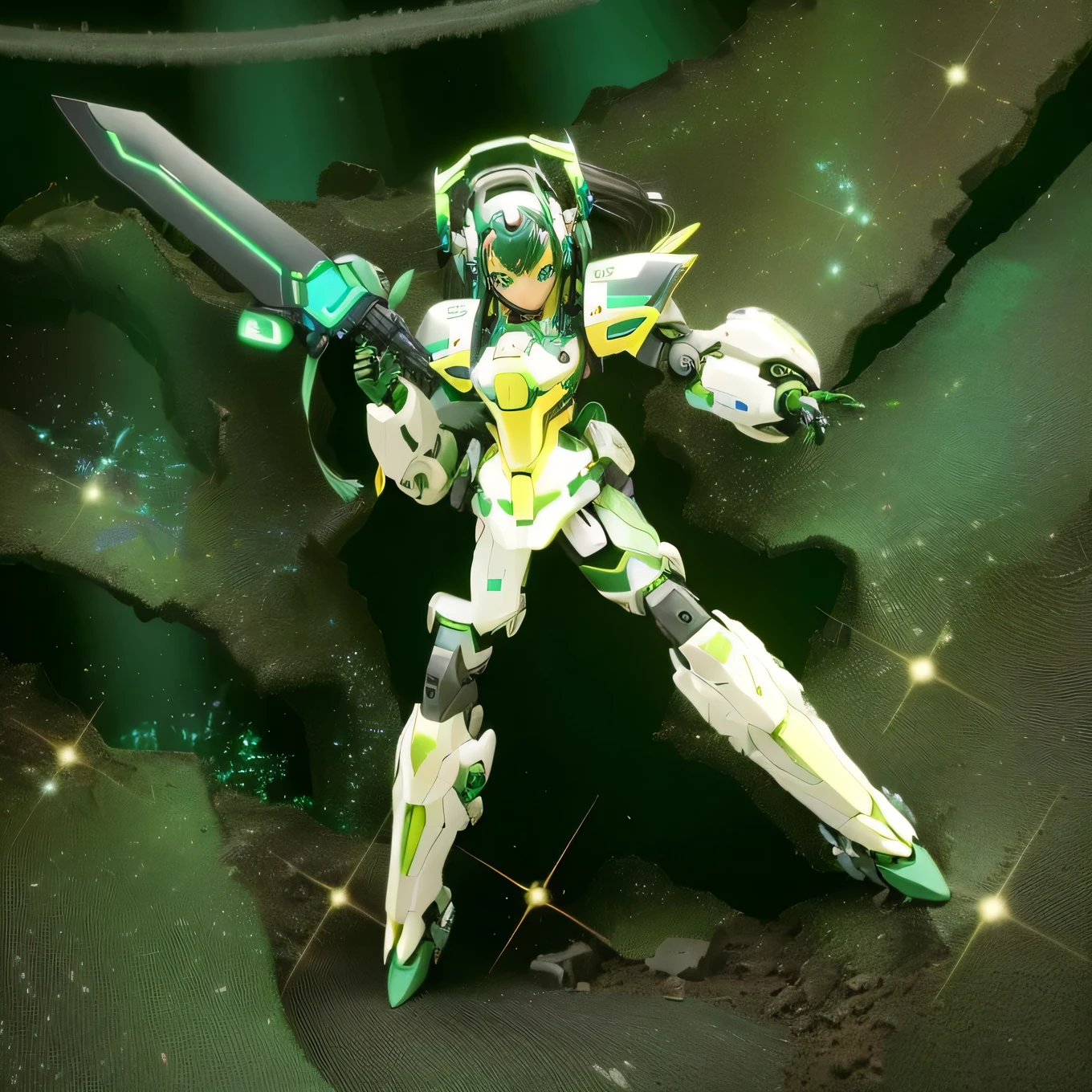 There is a toy with a sword and a woman dressed in green., A mix of anime robots and organic matter, Some parts are shining, Mechanized Valkyrie Girl, A minor mecha wearing mecha cyber armor, Jamming Mech, Chiho Aoshima Color Scheme, Hatsune Miku from Warhammer 40K, Zodiac Knight Girl, Cyborg Goddess of Space