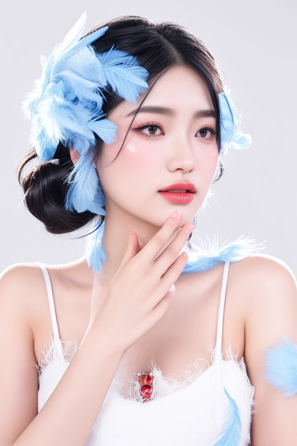 there is a woman with a blue feathered headpiece posing for a picture, beautiful young korean woman, popular south korean makeup, beautiful south korean woman, gorgeous young korean woman, photo taken with nikon d750, photo taken with nikon d 7 5 0, with professional makeup, popular korean makeup, inspired by Jin Nong, with blue skin