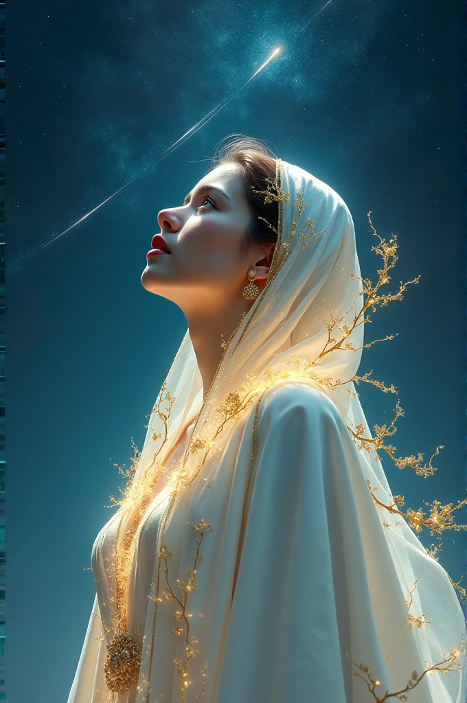 (masterpiece, Top quality, best quality, Official Art, Beauty and aesthetics: 1.2), (1 girl), Extremely detailed, (Fractal Art: 1.3), rich and colorful, Extreme details, Perfect face, Upper Body, HDR, prayer, (white cloak golden lines: 1.2), Starry Sky, meteor, Light streaks, Surrealism.