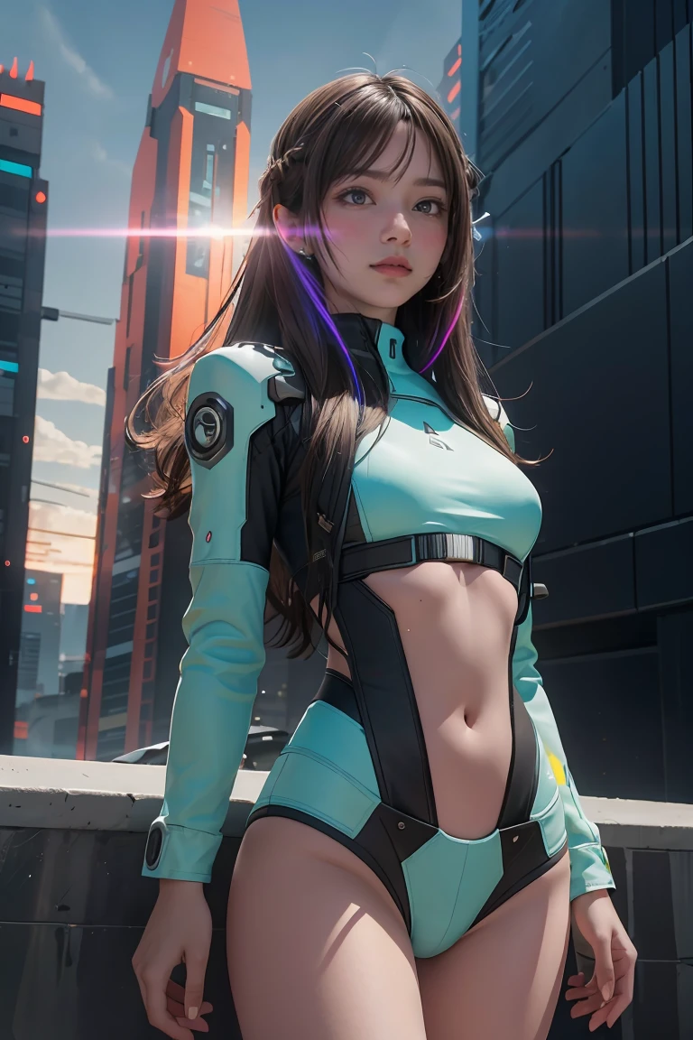 ((masterpiece, best quality, extremely detailed), volumetric lighting, ambient occlusion, colorful, glowing), 
1girl, solo, young girl, (dark hair), long hair, halo, aura, sacred, godness, cyber suit, (random-colored outfit:1.3), android, bot, cybernetic wings,
outdoors, sunset, sky, clouds, space, (cyberpunk theme:1.2),