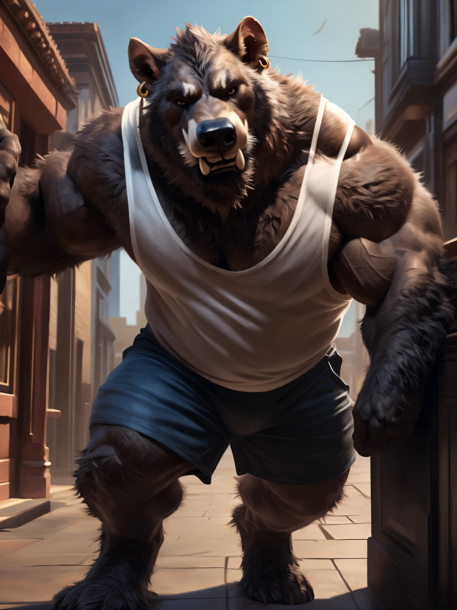 Full body portrait, (Wearing white sleeveless shirt:1.4), shorts, one arm up:1.2, angry, looking down at viewer, street,(detailed face:1.4),ultra quality,4k, masterpiece , detailed tusks

Anthro, male,mammal,honey badger,(left ear piercing:1.4),(Tusks peeking out of mouth:1.2),big body:1.4, wide body , thick furry neck and chest fluff, (middle-age), (fetailed eyes,tail, detailed fluffy fur, ((intricate detail fluffy fur texture)), (by darkgem),(by OnePotatoATime),(by adios:1.2),(by taran fiddler),4k,masterpiece,full hd, BREAK