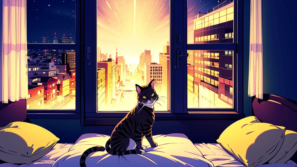 Detailed anime girls, Wearing a large sweater, Wearing headband headphones, praise, quiet, quiet雰囲気, cold, Looking out the window in the bedroom, night, quiet night, Cat, masterpiece, Highest quality
