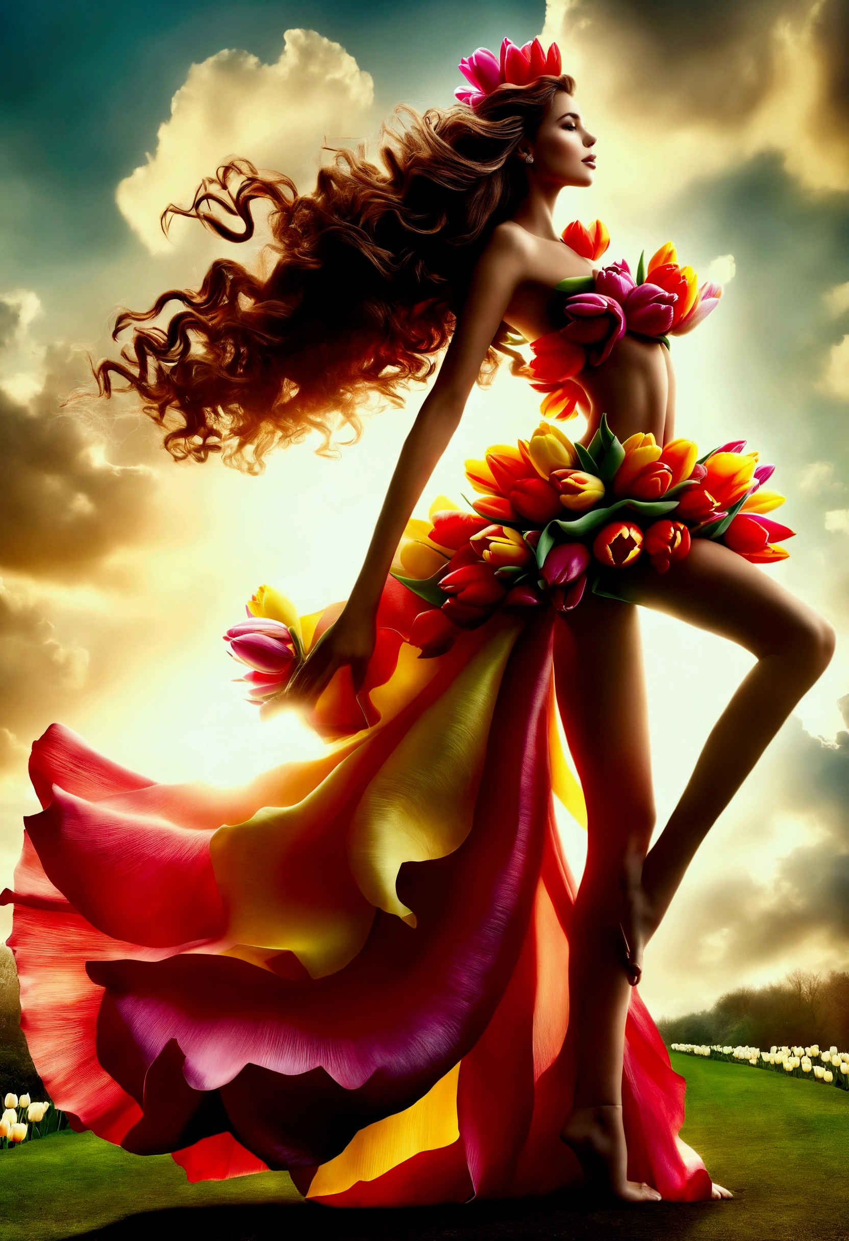 Beautiful woman, long hair, loose curls, graceful pose, the dress made of tulips, tulips in 10 colours, vibrant colours, silhouette flowing along body, graceful pose, flower garden, mysterious atmosphere, detailed petals, graceful, elegant, flower garden, sky, clouds, sophisticated, digital art, artwork, HDR, Masterpiece, Best Quality, high Detailes, 8K