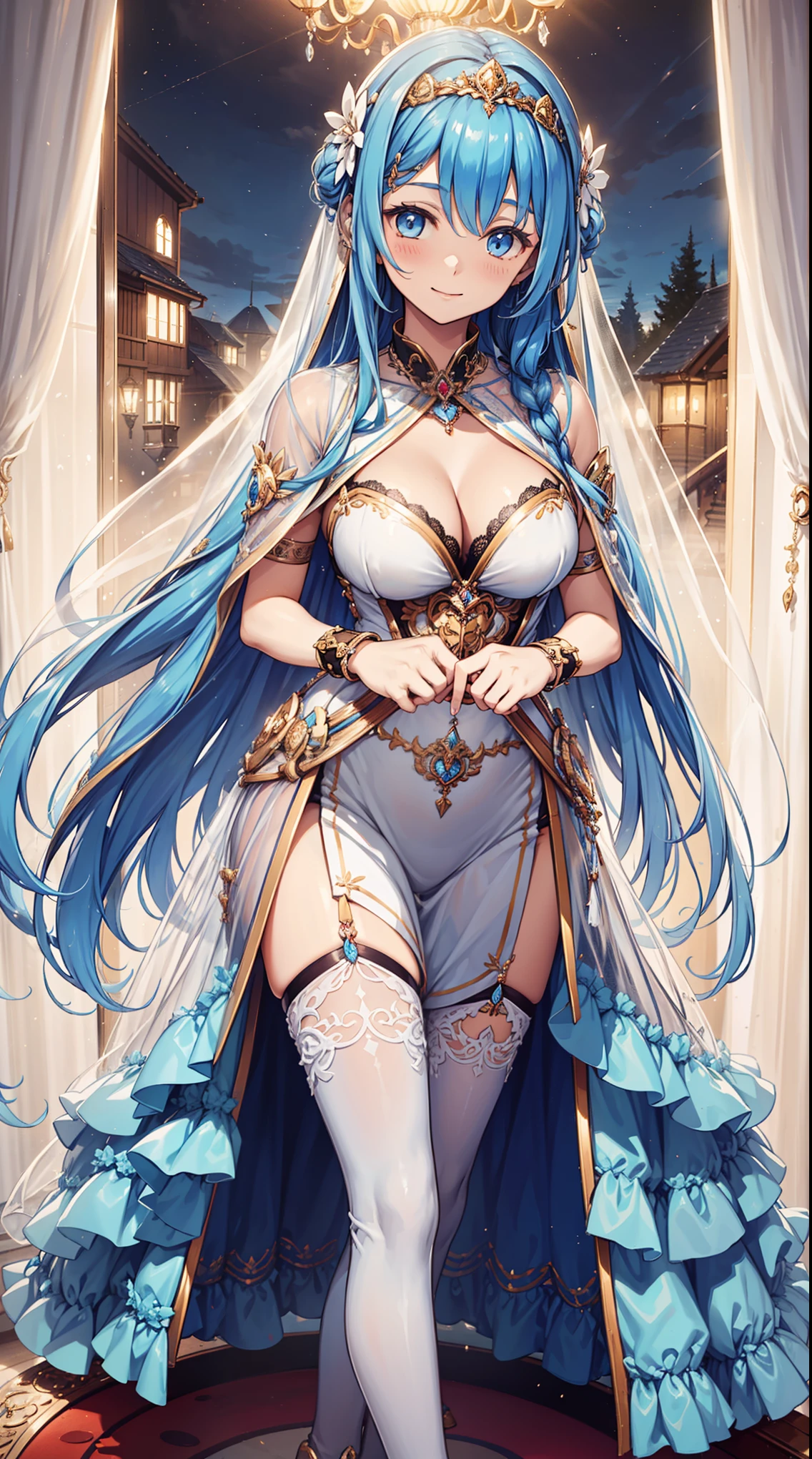 teens girl，Enchanted，having fun，Being in love，(Western magic white dress)，silber hair，eBlue eyes，see-through transparent clothes，Delicate hair accessories，Transparent lace，Sky blue pattern，the night，exquisite costumes，Bedrooms，solo person，the night，Carved suspender boots，Delicate beautiful face