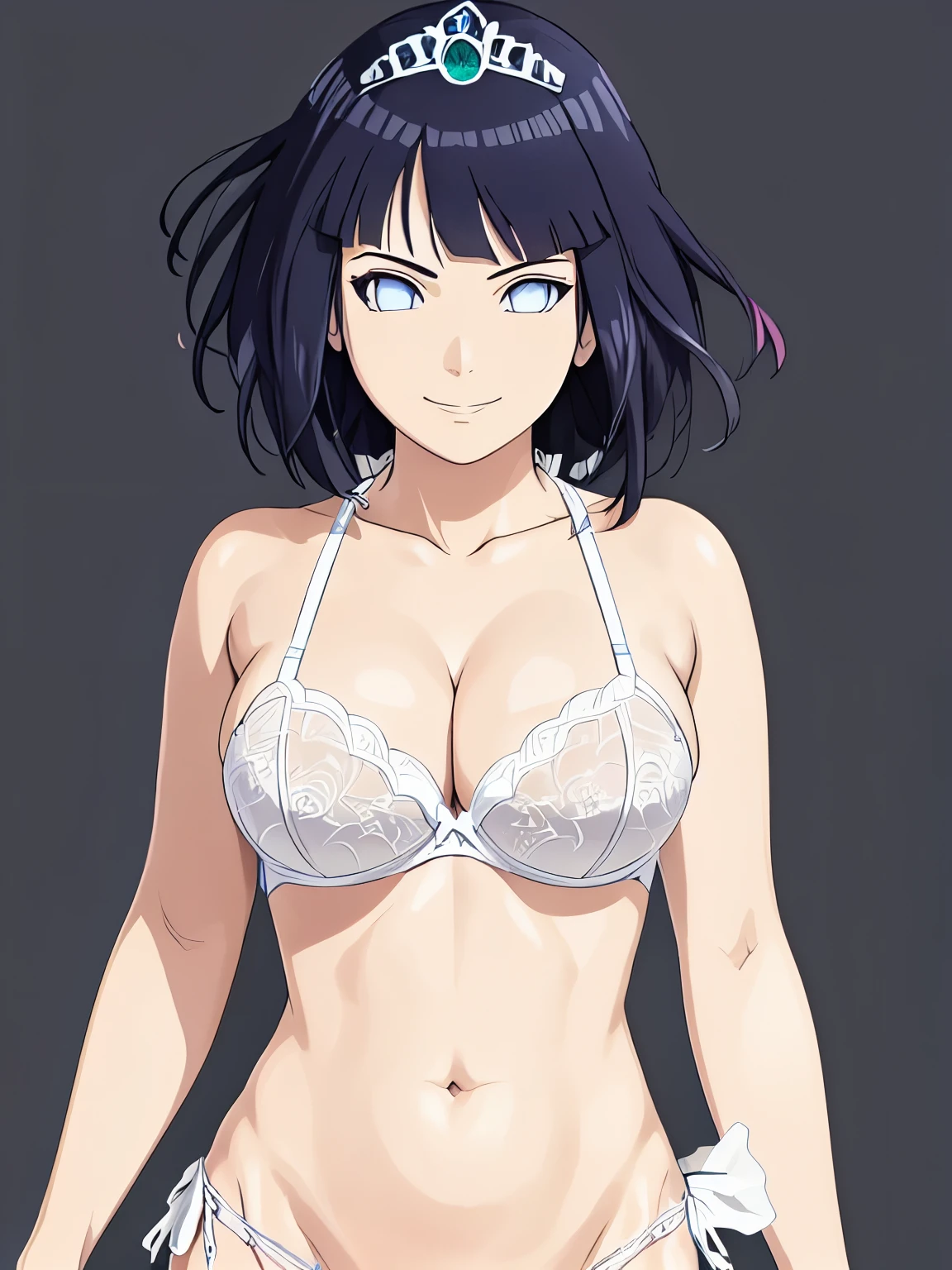 (hinata\(boruto\), (high quality:1.8), (muscles:0.8), upper body:1.2, (arm biceps:1.4), (sharp look:1.6), (arm curves:1,5), (ultra detailed body:1.4), (((background: simple white background only:1.8))), (anime, tall woman, cowboy shot), (sharp smile:1.6), (thick arms:1.0), (wedding tiara:1.3), (wedding veil), (((white thong:1.7), (white bra:1.5), bare arms, bare shoulders)), (long belly:1.2), (wide shoulders, off-shoulders), smile), (big breasts:1.1) ,(cleavage:1.5), closed mouth), ((pale skin)). ((dark blue:1.3, short hair, hime cut، loose hair, floating hair, floating hair), (background: simple white background only), (background: simple white background only), (background: simple white background only), (background: simple white background only),