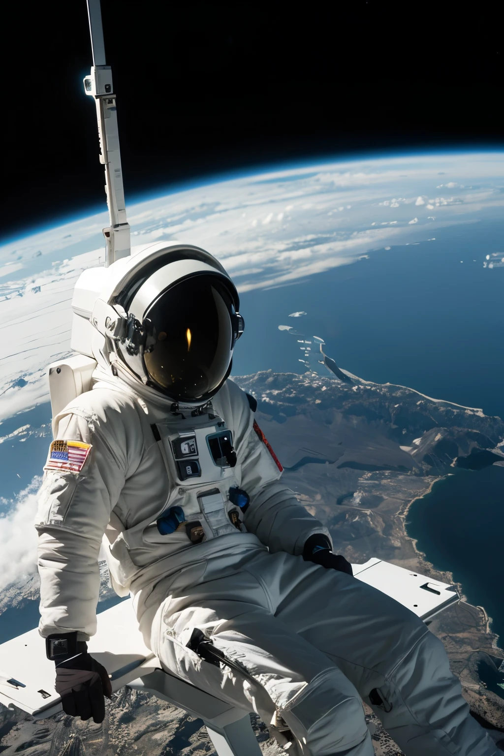 A futuristic astronaut sitting in space and looking at the earth in another dimension