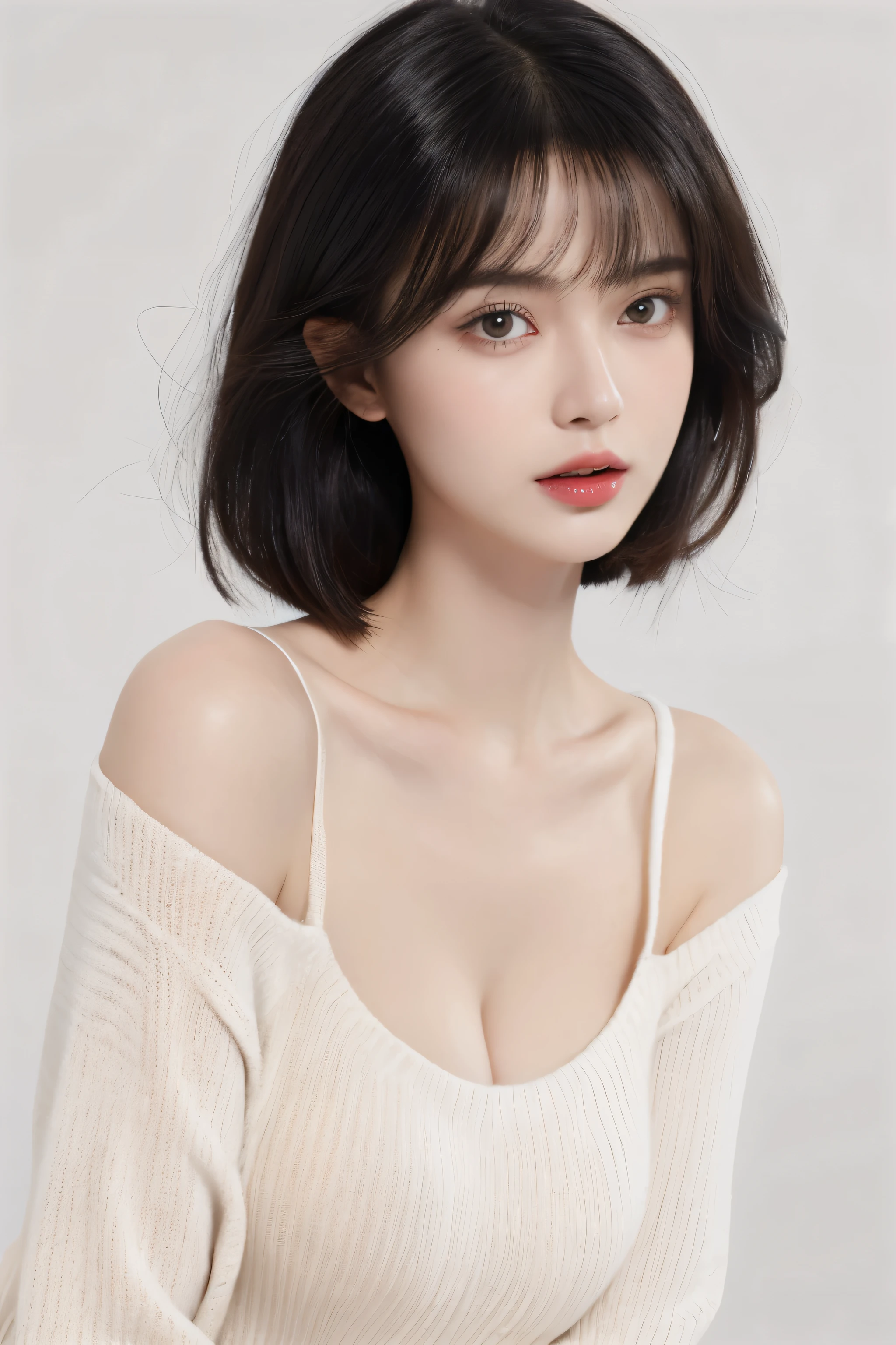 （lifelike,high resolution：1.3）， Slim girl， The face shape and eyes are super delicate,Black Hair,Ruddy and shiny lips,(Pretty Face), (best quality), (Very detailed), (Extremely detailed CG unified 8k wallpaper),((Tight Jump Shot)),(White background),(cleveage),(Model Photos),Sexy look,big eyes,(permanent),(Air bangs),(Slim waistline)，Eyes on the audience,Teardrop-shaped breasts,Soft breasts,非常lifelike的乳房,Character Center,Black Hair