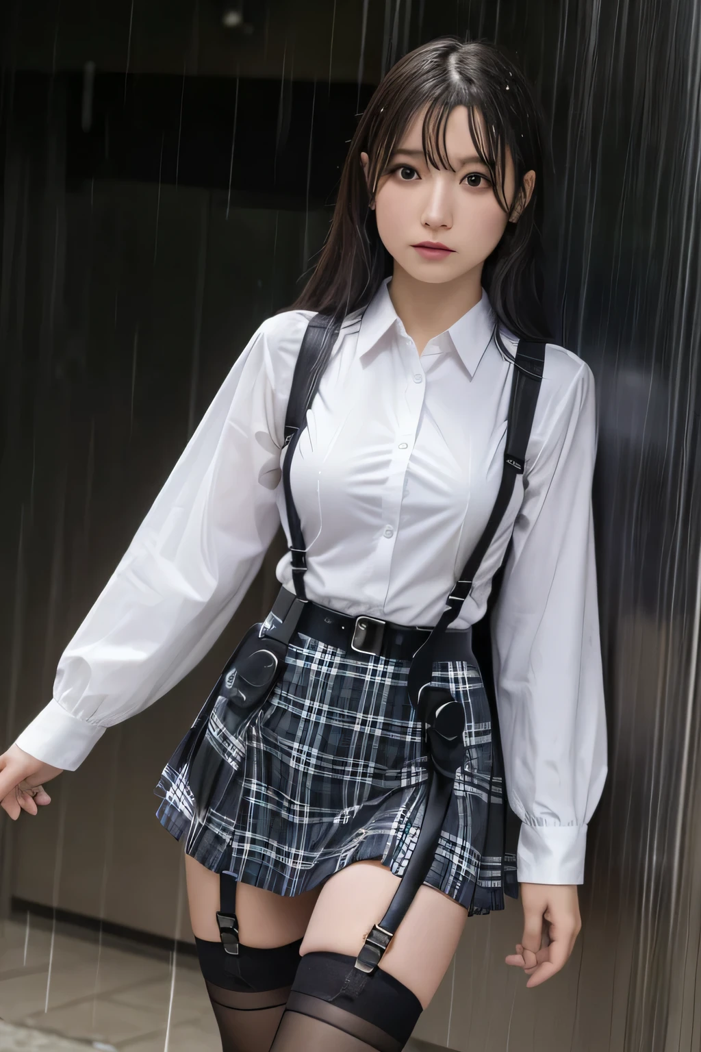 1 female, , high quality, masterpiece, Ultra-high resolution, Cinema Lighting, 1 female, , high quality, masterpiece, Ultra-high resolution, , Cinema Lighting, suspenders Moderate breasts Small face Looking up Sweat Thin belt buzzer 脇Sweat Garter belt Belt on pants holster Hands behind your back Looking up Anxious face Knee-high Knee socks Knee-highソックス garter ふとももにGarter belt Checkered mini skirt Panty shot Skirt gap Armament holster holster Hands behind your back Anxious expression Anxious face, legs apart Armament Leg holster holster See-through clothing heavy rain Rain-soaked dress shirt,