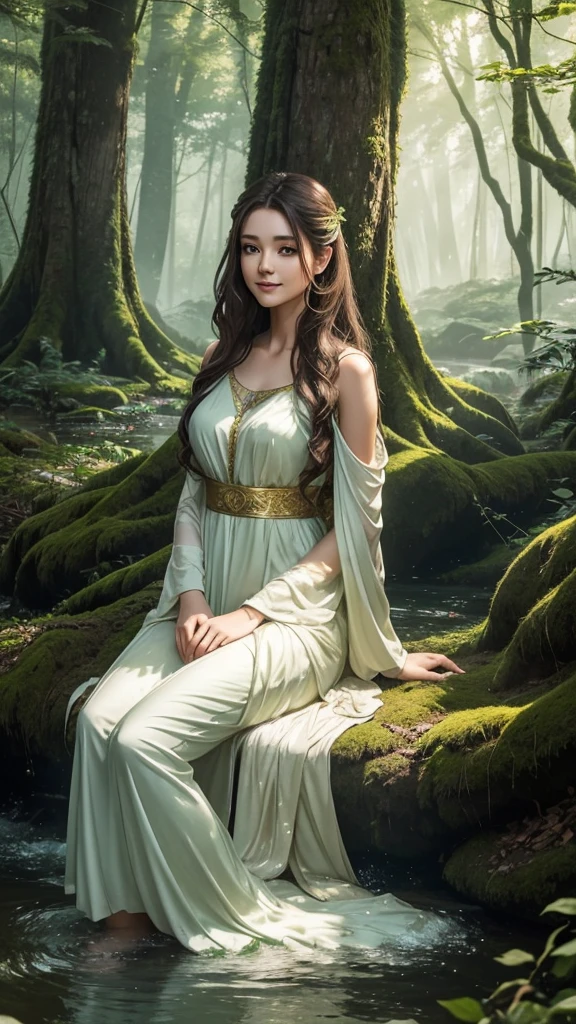 Create 64k photos of a tranquil forest scene at dusk. The forest is bathed in soft, gentle light, with tall, ancient trees. The leaves are shiny and emerald green. Low angle portrait of a beautiful young woman with white skin and long brown hair. Slim figure, wearing white clothes., With white feathered wings, smiling softly, she sat gracefully beside the stream. Behind the quiet forest backdrop at dusk The forest was bathed in soft, gentle light. There were tall ancient trees with shimmering leaves. The glitter is emerald green and gold. A stream meanders through forest mildly