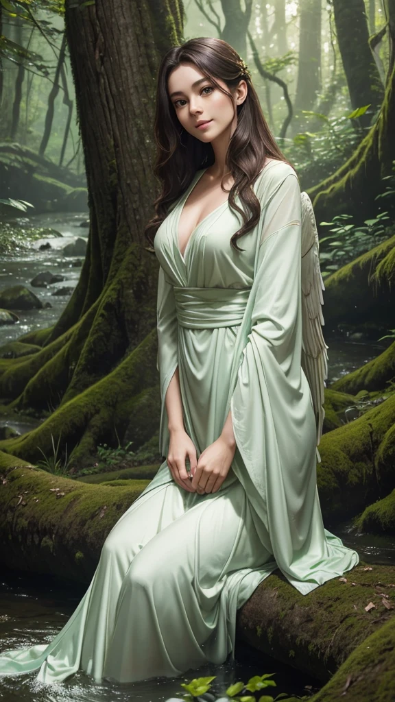 Create 64k photos of a tranquil forest scene at dusk. The forest is bathed in soft, gentle light, with tall, ancient trees. The leaves are shiny and emerald green. Low angle portrait of a beautiful young woman with white skin and long brown hair. Slim figure, wearing white clothes., With white feathered wings, smiling softly, she sat gracefully beside the stream. Behind the quiet forest backdrop at dusk The forest was bathed in soft, gentle light. There were tall ancient trees with shimmering leaves. The glitter is emerald green and gold. A stream meanders through forest mildly