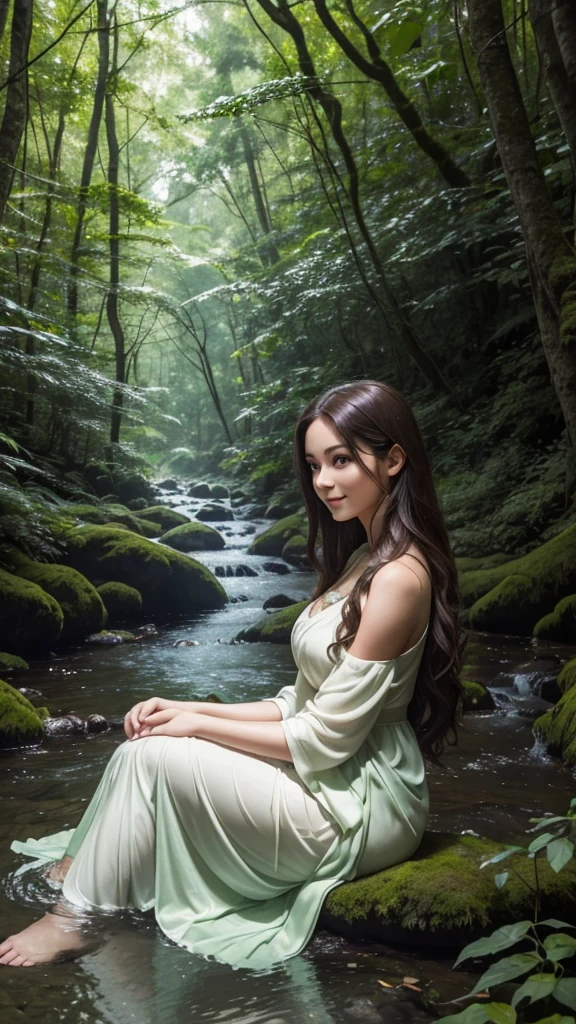 Create 64k photos of a tranquil forest scene at dusk. The forest is bathed in soft, gentle light, with tall, ancient trees. The leaves are shiny and emerald green. Low angle portrait of a beautiful young woman with white skin and long brown hair. Slim figure, wearing white clothes., With white feathered wings, smiling softly, she sat gracefully beside the stream. Behind the quiet forest backdrop at dusk The forest was bathed in soft, gentle light. There were tall ancient trees with shimmering leaves. The glitter is emerald green and gold. A stream meanders through forest mildly