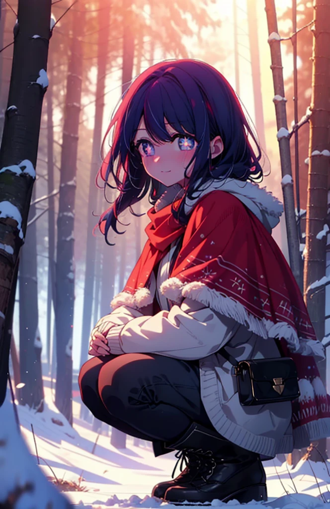 aihoshino, Ai Hoshino, Long Hair, bangs, (Purple eyes:1.1), Purple Hair, (Symbol-shaped pupil:1.5), smile,,smile,blush,white breath,
Open your mouth,snow,Ground bonfire, Outdoor, boots, snowing, From the side, wood, suitcase, Cape, Blurred, , forest, White handbag, nature, Squat, Mouth closed, Cape, winter, Written boundary depth, Black shoes, red Cape break looking at viewer, Upper Body, whole body, break Outdoor, forest, nature, break (masterpiece:1.2), Highest quality, High resolution, unity 8k wallpaper, (shape:0.8), (Beautiful and beautiful eyes:1.6), Highly detailed face, Perfect lighting, Highly detailed CG, (Perfect hands, Perfect Anatomy),