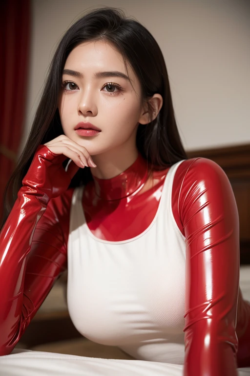 (RAW Photos:1.2)、Highest quality、Beautiful detailed girl、Tight red latex suit、Red latex bodysuit, Laughter、Highly detailed eyes and face、Beautiful and detailed、Large file size、High resolution、High resolution、More about 8k wallpaper、Highly detailed Ticker Uniform 8K Wallpaper、Light on the face、Cinema Lighting、-yeld giSexy pose、(Photorealism:1.4)、Raise your consciousness、Surrealism、 From below、Super Detail、masterpiece