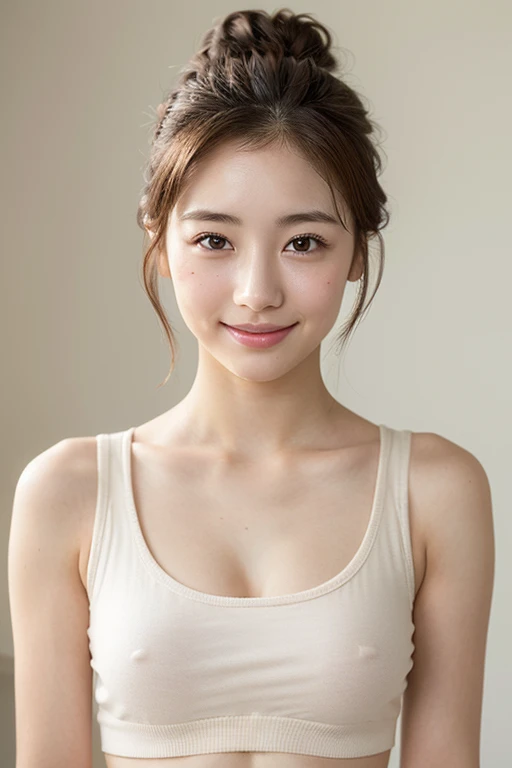 Highest quality, Tabletop,  Very detailed,Realistic, whole body, (Tank top:1.1,) ,(25-year-old woman in Japan:1.3)、Beautiful detailed face, White wall, ((Updo)), Ultra-high resolution, (realism: 1.4), Beautiful Face, An innocent smile, No makeup, whole bodyの年相応のシミとシワ 、Age spots and wrinkles on the face、(Belly Piercing)
