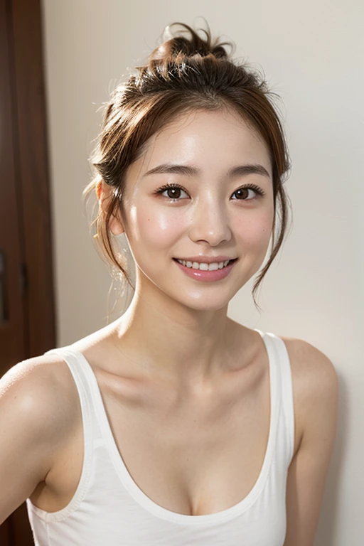 Highest quality, Tabletop,  Very detailed,Realistic, whole body, (Tank top:1.1,) ,(25-year-old woman in Japan:1.3)、Beautiful detailed face, White wall, ((Updo)), Ultra-high resolution, (realism: 1.4), Beautiful Face, An innocent smile, No makeup, whole bodyの年相応のシミとシワ 、Age spots and wrinkles on the face、(Belly Piercing)
