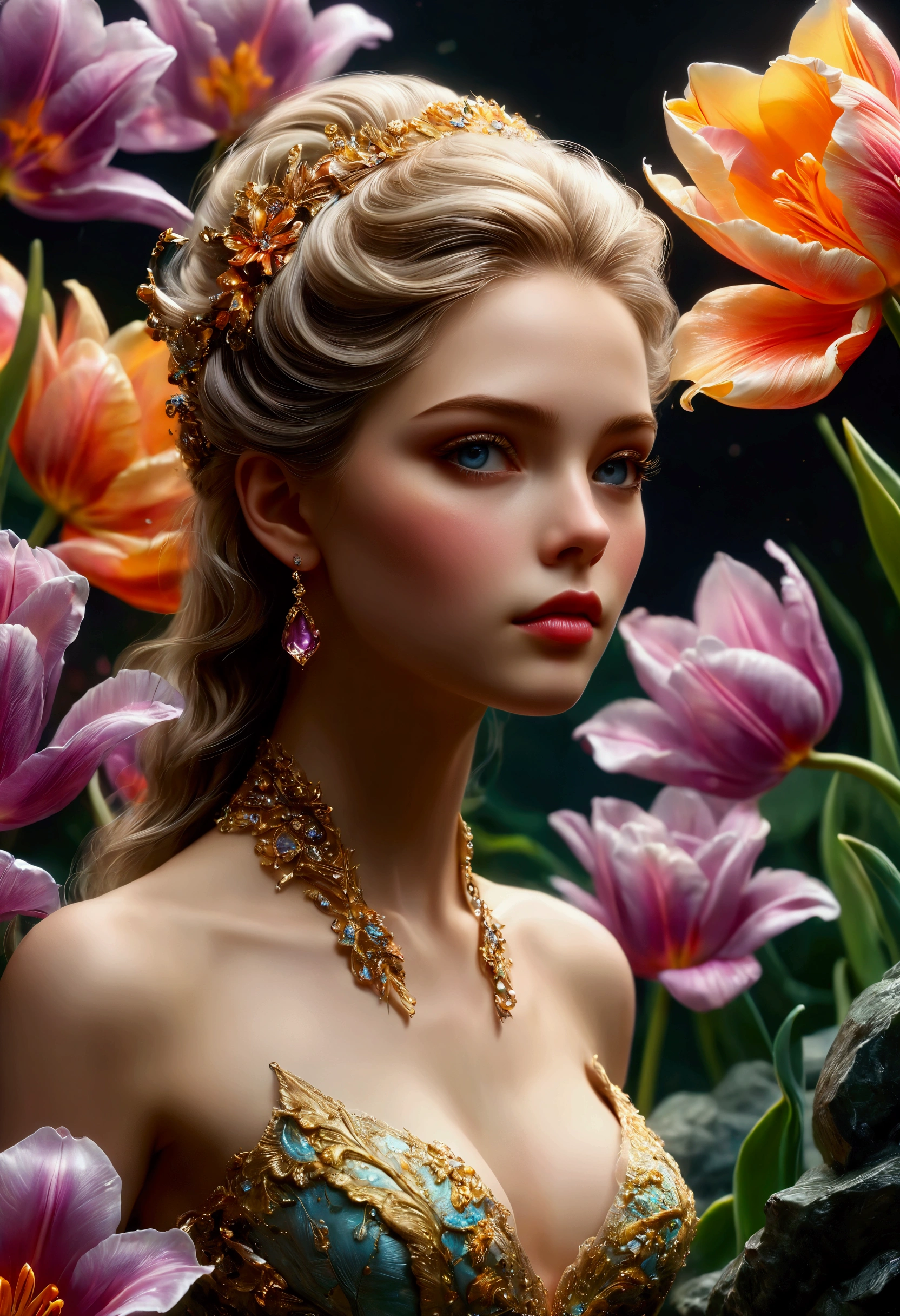 ((Masterpiece in maximum 16K resolution):1.6),((soft_color_photograpy:)1.5), ((Ultra-Detailed):1.4),((Movie-like still images and dynamic angles):1.3). | (Macro shot cinematic photo of beautiful female in a pond full of tulip), (Beautiful Female), (a pond full of tulip), (focus on the pond full of tulip), (macro lens), (exotic antiques), (glowing tulips), (luminous object), (Mysterious atmosphere), (shimmer), (aesthetic  room accesories), (visual experience),(Realism), (Realistic),award-winning graphics, dark shot, film grain, extremely detailed, Digital Art, rtx, Unreal Engine, scene concept anti glare effect, All captured with sharp focus. | Rendered in ultra-high definition with UHD and retina quality, this masterpiece ensures anatomical correctness and textured skin with super detail. With a focus on high quality and accuracy, this award-winning portrayal captures every nuance in stunning 16k resolution, immersing viewers in its lifelike depiction. | ((perfect_composition, perfect_design, perfect_layout, perfect_detail, ultra_detailed)), ((enhance_all, fix_everything)), More Detail, Enhance.
