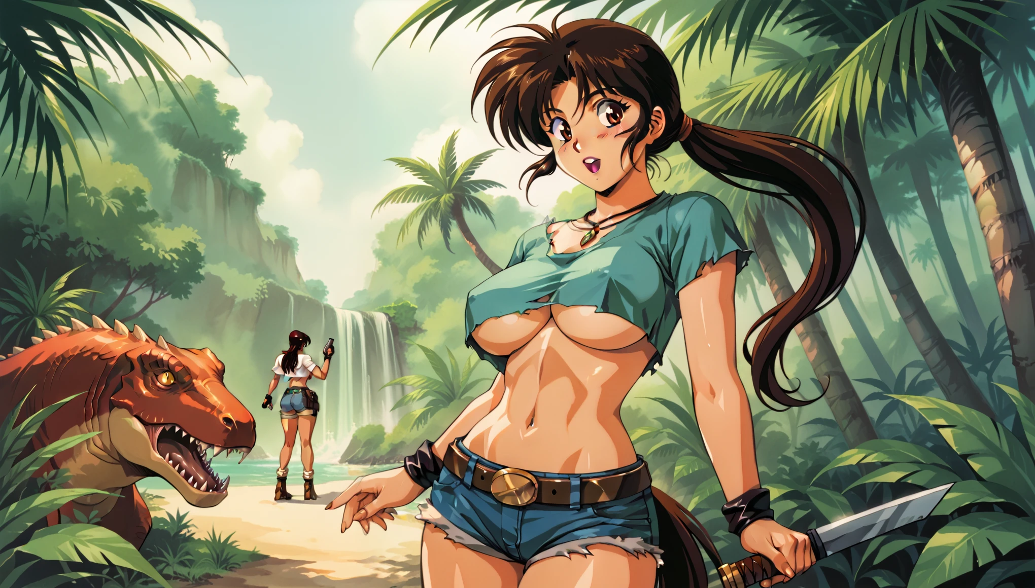 score_9, score_8_up, score_8, source_anime, 80s anime style, retro artstyle, style by Urushihara Satoshi, semi_realistic, laracroftxl, a picture of 1lara croft with a Tyrannosaurus at chizen iza. voluptuous body, torn crop top, mini shorts, pony tail, midriff, big cleavage, underboob, belt, shorts. jungle