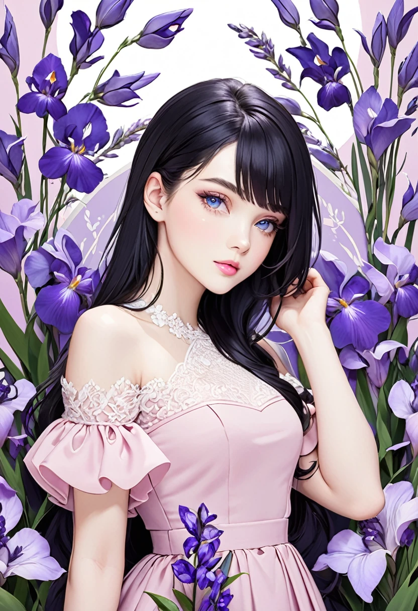 Beautiful 23 year old woman with long black hair, side-swept bangs, blue eyes, light pink lips, fair skin. Elegant but modest light pink dress. Purple iris flower background