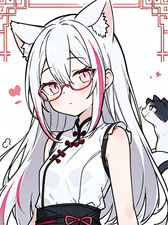 best quality, masterpiece, 1 girl, ****, upper body, hairs between eyes, female, pink eyes, long hair, small breasts, expressionless, Wink , cat ears, white hair, silver hair, streaked hair，   long bangs, cheongsam，Glasses