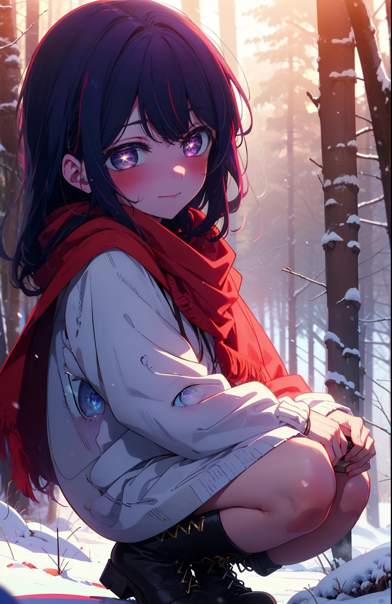 aihoshino, Ai Hoshino, Long Hair, bangs, (Purple eyes:1.1), Purple Hair, (Symbol-shaped pupil:1.5), smile,,smile,blush,white breath,
Open your mouth,snow,Ground bonfire, Outdoor, boots, snowing, From the side, wood, suitcase, Cape, Blurred, , forest, White handbag, nature,  Squat, Mouth closed, Cape, winter, Written boundary depth, Black shoes, red Cape break looking at viewer, Upper Body, whole body, break Outdoor, forest, nature, break (masterpiece:1.2), Highest quality, High resolution, unity 8k wallpaper, (shape:0.8), (Beautiful and beautiful eyes:1.6), Highly detailed face, Perfect lighting, Highly detailed CG, (Perfect hands, Perfect Anatomy),