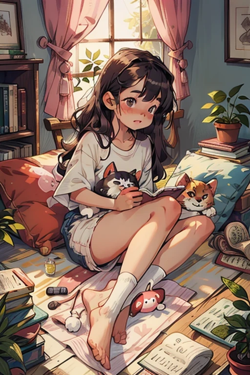Girl lying on cotton,Cotton as the main(Fluffy and soft),Pink,Large composition,Cute illustration style