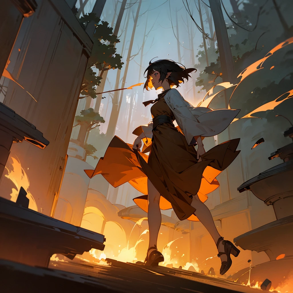 Distant plan, elf girl with short hair runs through the forest, she runs away in panic from the burning city, she is wearing a long brown dress, Anime Art Wallpaper 4k, sad atmosphere, a huge smoking city and a running away