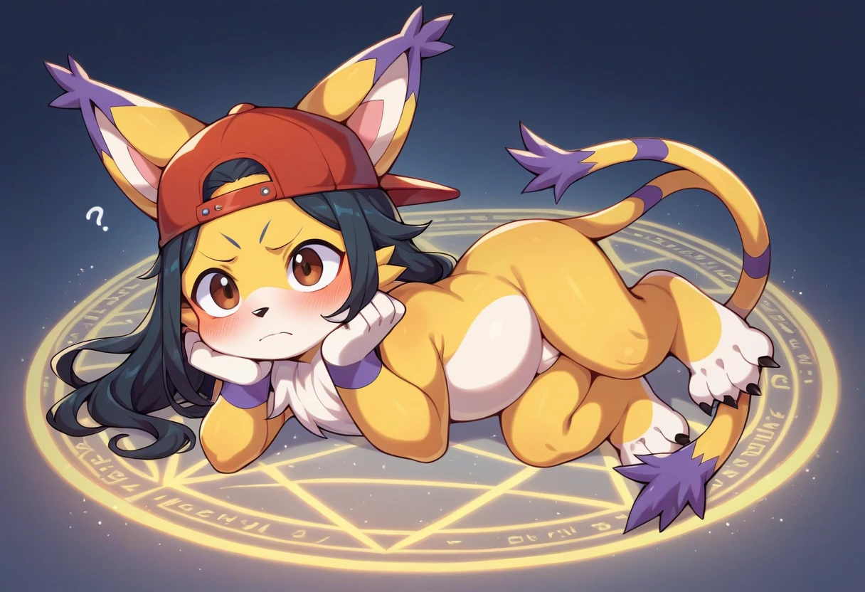 masterpiece, best quality, expressive eyes, perfect face, a man get transformed into female gatomon (digimon), red baseball cap,  solo, ♀ sign, confused, blushed, naked, nsfw, ecchi, long hair, black hair, brown eyes, full body, in a video game, glitter, embarrassed pose, magic circle on the floor. cute pussy, chubby