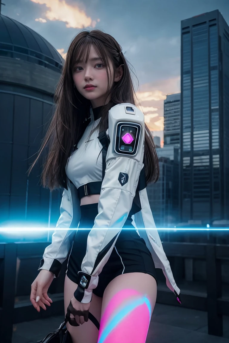 ((masterpiece, best quality, extremely detailed), volumetric lighting, ambient occlusion, colorful, glowing), 
1girl, solo, young girl, (dark hair), long hair, halo, aura, sacred, godness, cyber suit, (random-colored outfit:1.3), android, bot, cybernetic wings,
outdoors, sunset, sky, clouds, space, (cyberpunk theme:1.2),