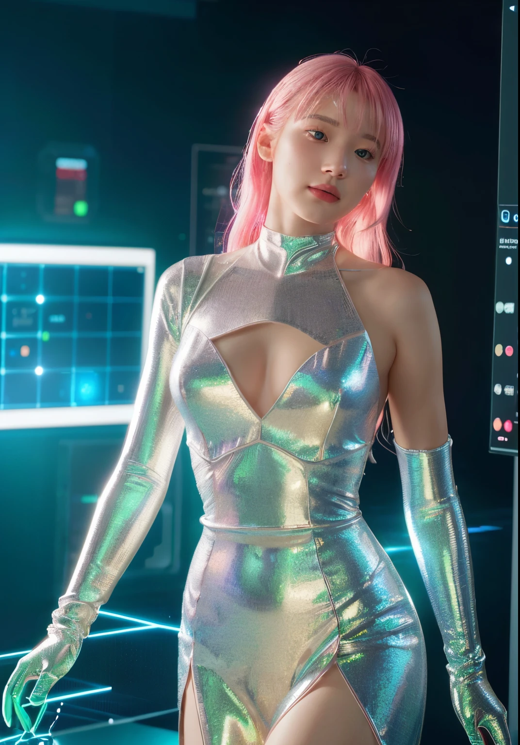 (masterpiece, high resolution, CGI:1.4), (depicting a captivating woman with vibrant pink hair and mesmerizing eyes that shimmer in a captivating blend of green and blue:1.3), (her eyes glowing with an otherworldly light:1.2), (metallic and robotic components integrated throughout her body:1.2), (seamlessly fusing with her organic form:1.2), (delicate circuits and intricate patterns running beneath her skin:1.2), (enhanced robotic limbs with seamless movement:1.2), (her fingers adorned with precision-enhancing cybernetics:1.2), (Canon EOS R5 mirrorless camera:1.2), (paired with a Canon RF 85mm f/1.2L USM lens:1.2), (capturing the finest details of her cybernetic enhancements:1.2), (the laboratory setting designed with a futuristic and minimalistic aesthetic:1.2), (sleek and polished surfaces reflecting the glow of holographic displays:1.2), (floating holographic data screens surrounding her:1.2), (subtle neon lights casting an ethereal glow across the room:1.1), (advanced AI assistants interacting with the environment:1.1), (a mesmerizing CGI render of a woman embracing the merging of human and machine in a captivating future:1.2).