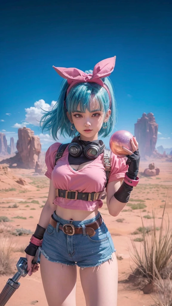 Bulma from Dragon Ball Z wearing a pink black shirt and blue denim shorts and holding a dragon ball