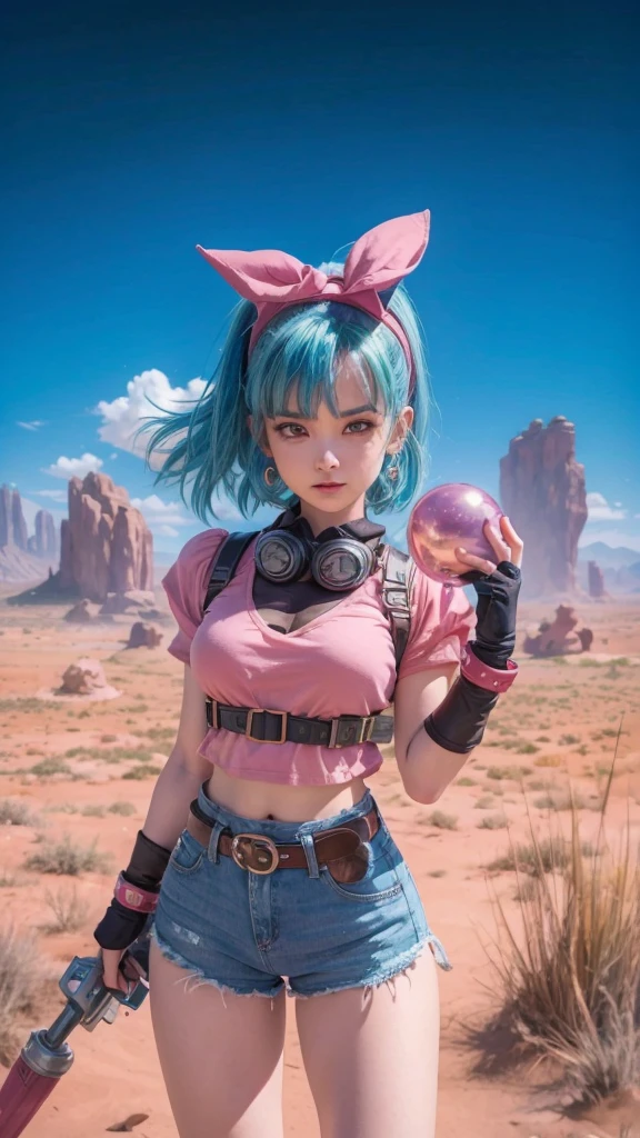 Bulma from Dragon Ball Z wearing a pink black shirt and blue denim shorts and holding a dragon ball
