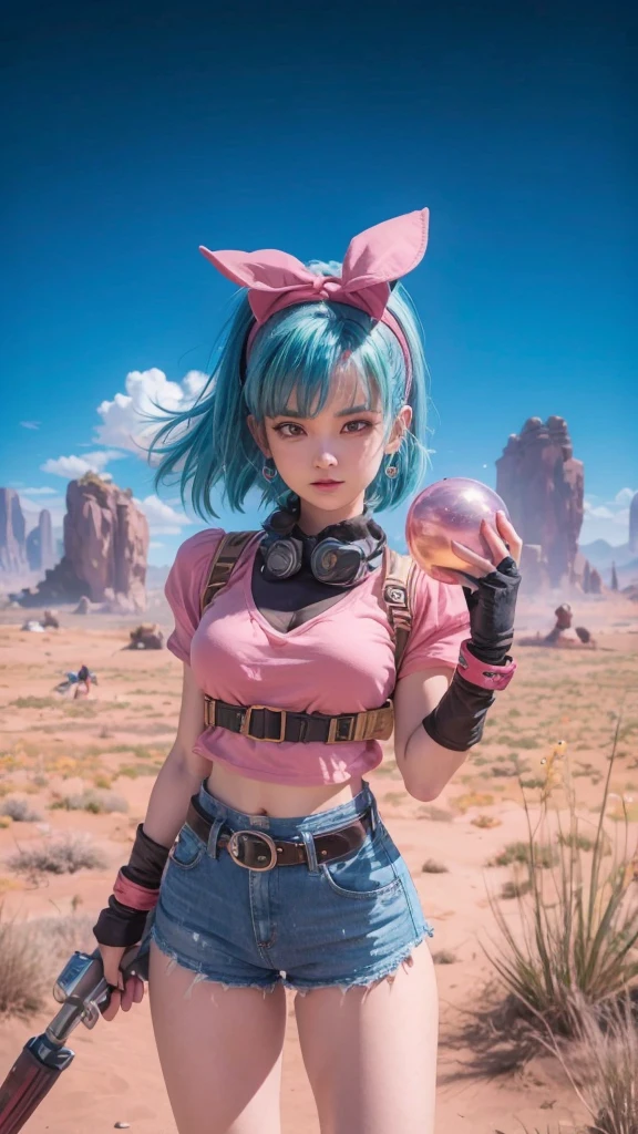 Bulma from Dragon Ball Z wearing a pink black shirt and blue denim shorts and holding a dragon ball