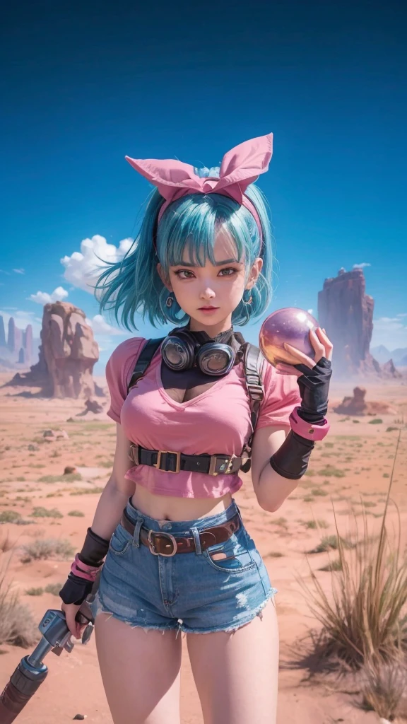 Bulma from Dragon Ball Z wearing a pink black shirt and blue denim shorts and holding a dragon ball