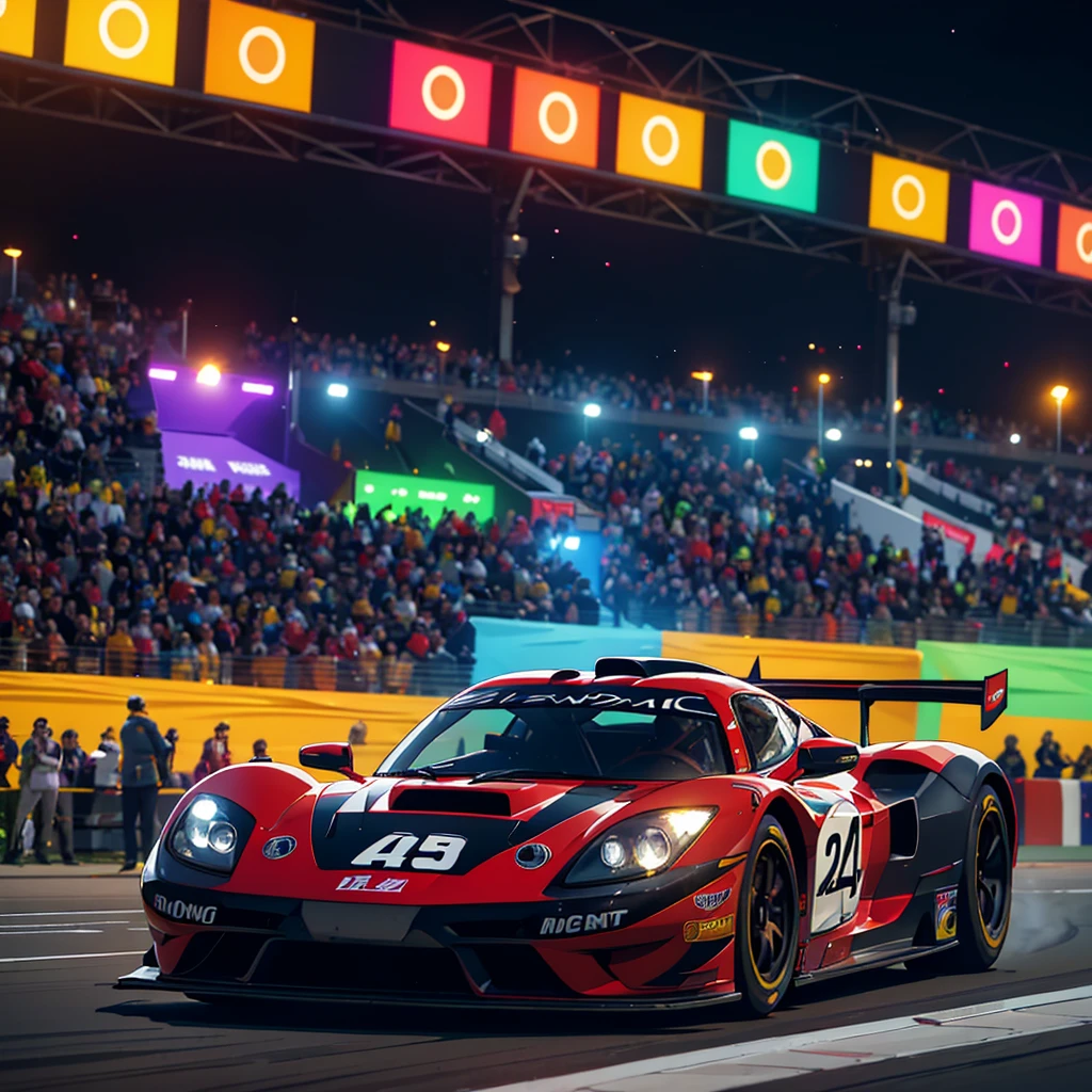 The epic 24 Hours of Le Mans: cars with bright colors on the track, against the backdrop of the stands, filled with spectators. night, the track is illuminated with powerful lights, sparkling car headlights create a dynamic atmosphere. There is tension and adrenaline in the air as mechanics prepare cars for pit, and the riders are focused on their performances