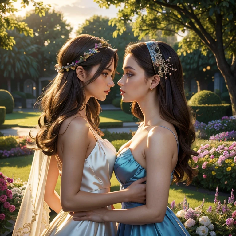 (​masterpiece, best quality:1.5), highest quality, High resolution, super detailed, Realists, Upper body photo of brunette woman, detailed and beautiful eyes, beautiful detailed lips, very detailed eyes and face, longeyelashes, Woman in evening dress made of shiny satin fabric, Beautiful and colorful makeup, elegant and noble々Pose,shiny satin headband, Grind, Holding flowers, Gardens as background, soft daylight, bright colors, fine brushstrokes, Portrait style, Noble details in the dress fabric, beautiful color palette, glowing skin, First-class rendering, that captures every detail, enchanting atmosphere, subtle shadows and lights, (perfect anatomy:1.2), (The two stunning women are deeply in love:1.4), (kiss:1.2), (magnificent panorama view:1.2)
