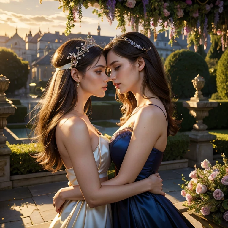 (masterpiece, best quality:1.5), highest quality, High resolution, super detailed, Realists, Upper body photo of brunette woman, detailed and beautiful eyes, beautiful detailed lips, very detailed eyes and face, longeyelashes, Woman in evening dress made of shiny satin fabric, Beautiful and colorful makeup, elegant and noble々Pose,shiny satin headband, Grind, Holding flowers, Gardens as background, soft daylight, bright colors, fine brushstrokes, Portrait style, Noble details in the dress fabric, beautiful color palette, glowing skin, First-class rendering, that captures every detail, enchanting atmosphere, subtle shadows and lights, (perfect anatomy:1.2), (The two stunning women are deeply in love:1.4), (kiss:1.2), (magnificent panorama view:1.2)