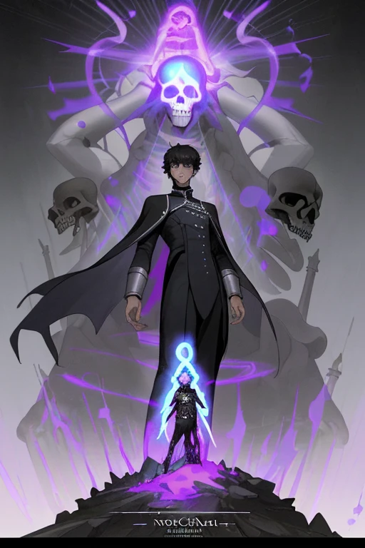 (Best quality, movie poster style), n
"Series name: Necromancer Aura", World, where every person has auras. Our hero will have gray color, gray aura. He will be dressed like a nobleman, with black hair. Our hero is on a hill where you can see a cave resurrecting skeletons. Наш герой человек: 1.2), The perfect combination of elements.