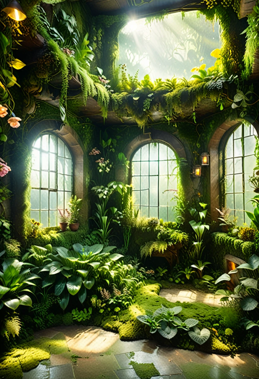 Masterpiece, 8k, 3D, (Realistic), Ultrafine photo, Best quality, Official art, Realistic realism, sun light,Top quality, re-detailed, ((fantasy concept)), ((old room in ancient age)), ((old room with full plants and flowers)), old room of old house made by woods and full plants, nature room, floor is made of full moss and plants, wall is made of full plant, overgrown plants, sunlight through windows, lots of flowers, ceiling is covered by full plants and moss, floating leaves, soft lighting, artistic, environmental art, nature-inspired, 