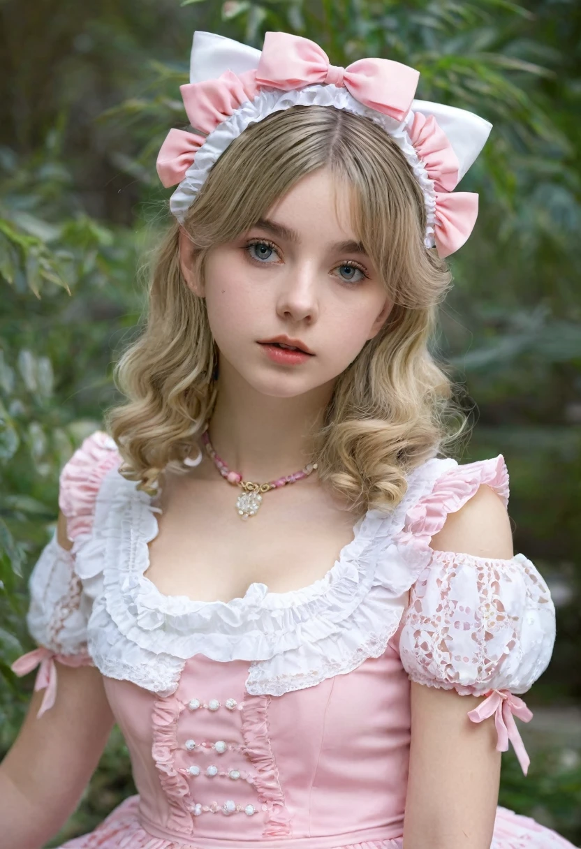 Looking forward, a girl has long pale pink almost pale blonde hair, that falls gently on her shoulders tied in two pigtails. Her delicate face , with pinkish eyes. She wears a pink dress with white details, that highlights her slim figure. From the profile, His posture is elegant. His skin is clear, and her outfit includes accessories such as a headband and a white belt, completing a sweet and feminine look.