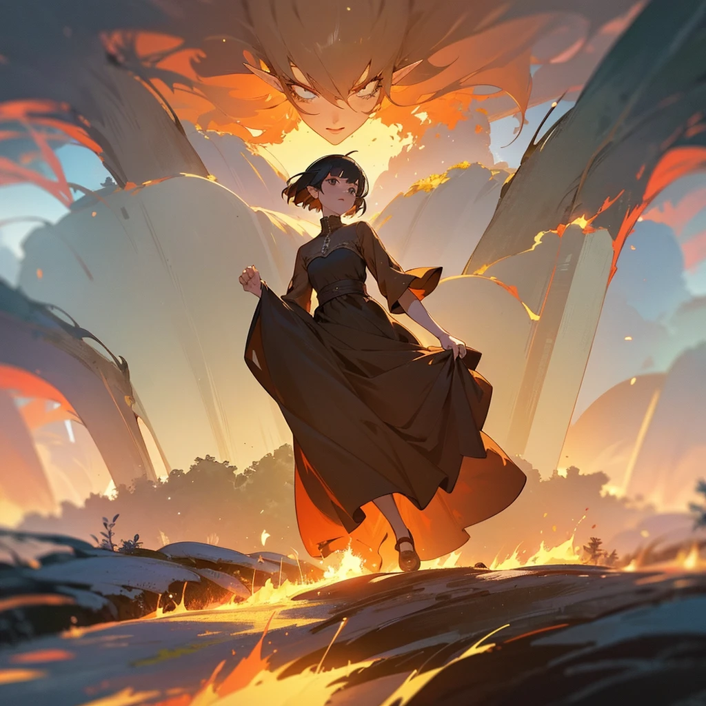 elf girl with short hair runs through the forest, holding the hem of the dress, she runs away in panic from the burning forest, she is wearing a long brown dress, Anime Art Wallpaper 4k, in the distance behind the forest you can see a castle , landscape 